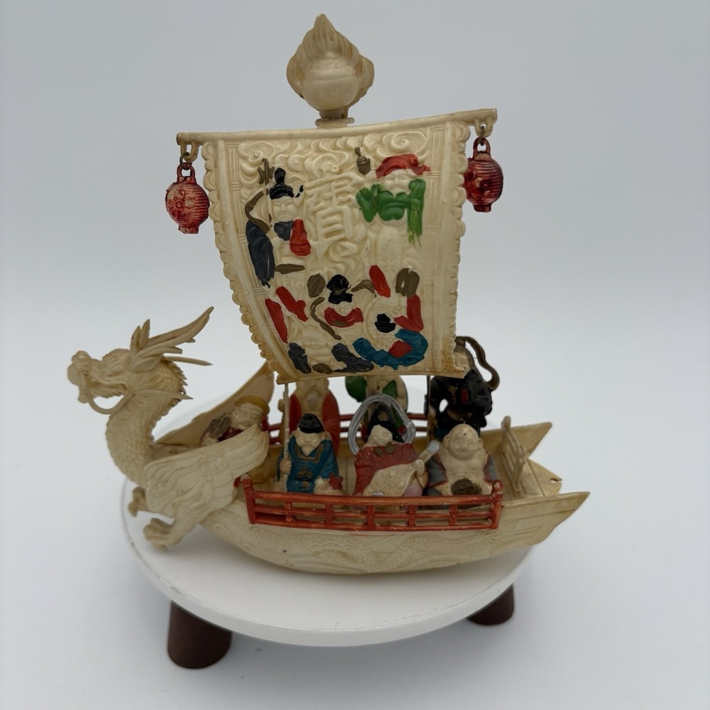 Vintage 1940's Chinese Asian Celluloid Dragon With Seven Immortals Sail Boat